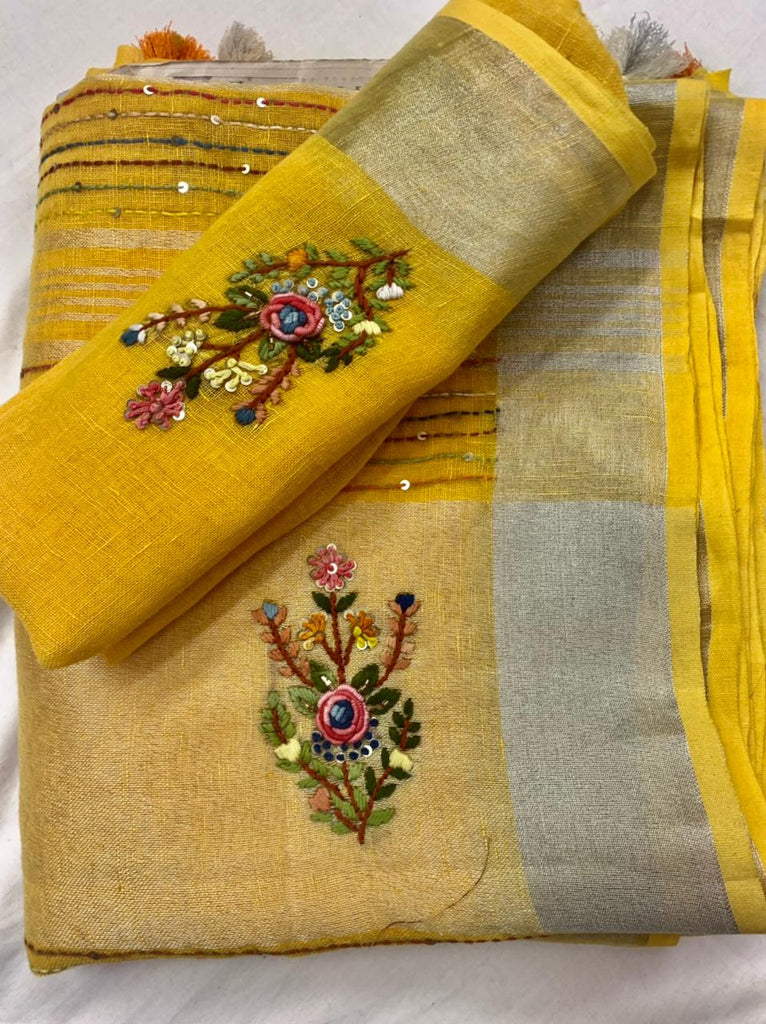 Zynah Pure Linen(120c) Handcrafted Saree with Hand Embroidery; Custom Stitched/Ready-made Blouse, Fall, Petticoat; Shipping available USA, Worldwide