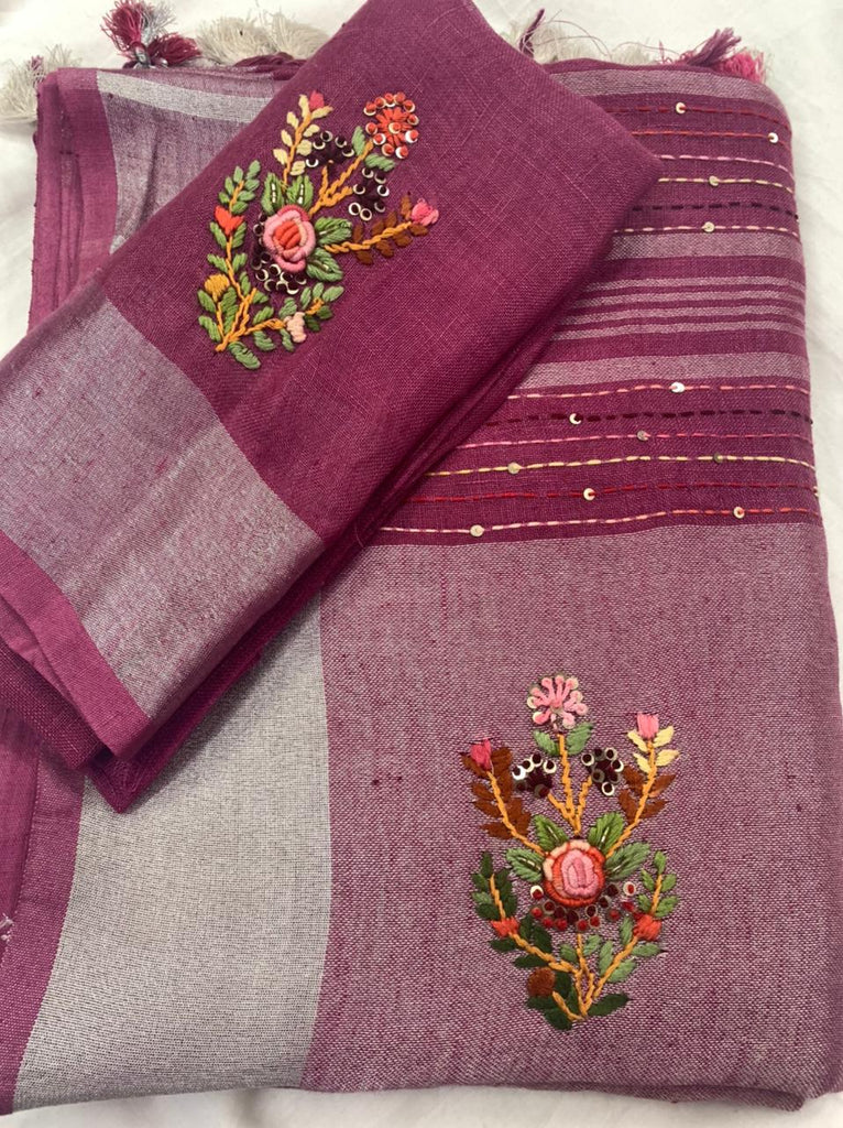 Zynah Pure Linen(120c) Handcrafted Saree with Hand Embroidery; Custom Stitched/Ready-made Blouse, Fall, Petticoat; Shipping available USA, Worldwide