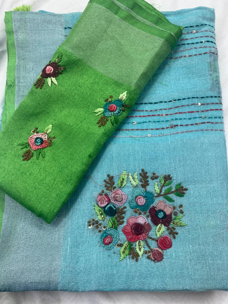 Zynah Pure Linen(120c) Handcrafted Saree with Hand Embroidery; Custom Stitched/Ready-made Blouse, Fall, Petticoat; Shipping available USA, Worldwide