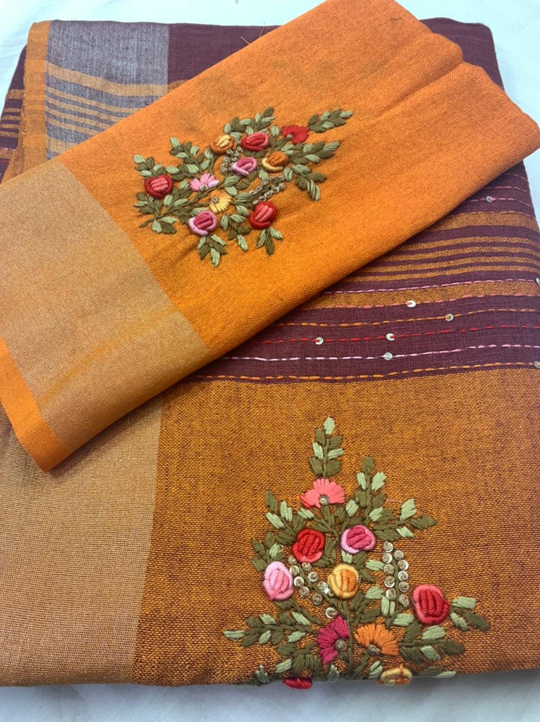 Zynah Pure Linen(120c) Handcrafted Saree with Hand Embroidery; Custom Stitched/Ready-made Blouse, Fall, Petticoat; Shipping available USA, Worldwide