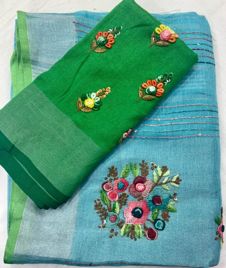 Zynah Pure Linen(120c) Handcrafted Saree with Hand Embroidery; Custom Stitched/Ready-made Blouse, Fall, Petticoat; Shipping available USA, Worldwide