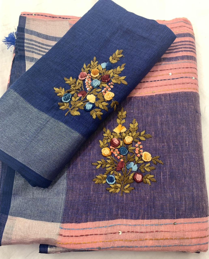 Zynah Pure Linen(120c) Handcrafted Saree with Hand Embroidery; Custom Stitched/Ready-made Blouse, Fall, Petticoat; Shipping available USA, Worldwide