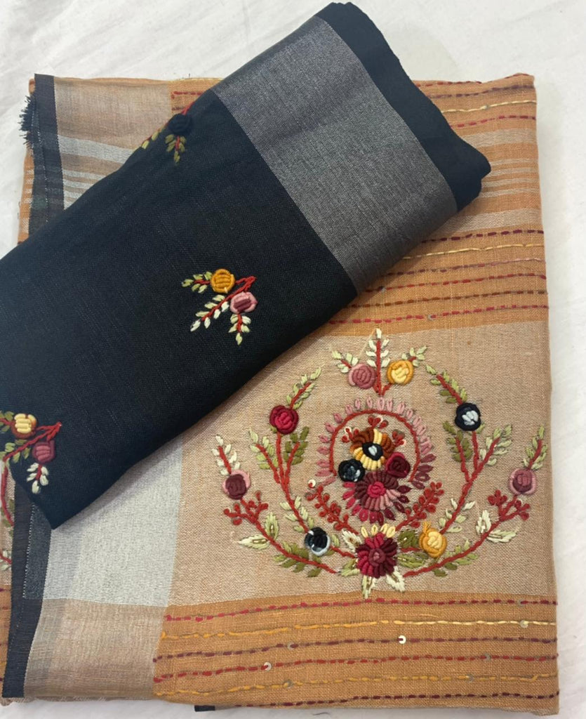 Zynah Pure Linen(120c) Handcrafted Saree with Hand Embroidery; Custom Stitched/Ready-made Blouse, Fall, Petticoat; Shipping available USA, Worldwide