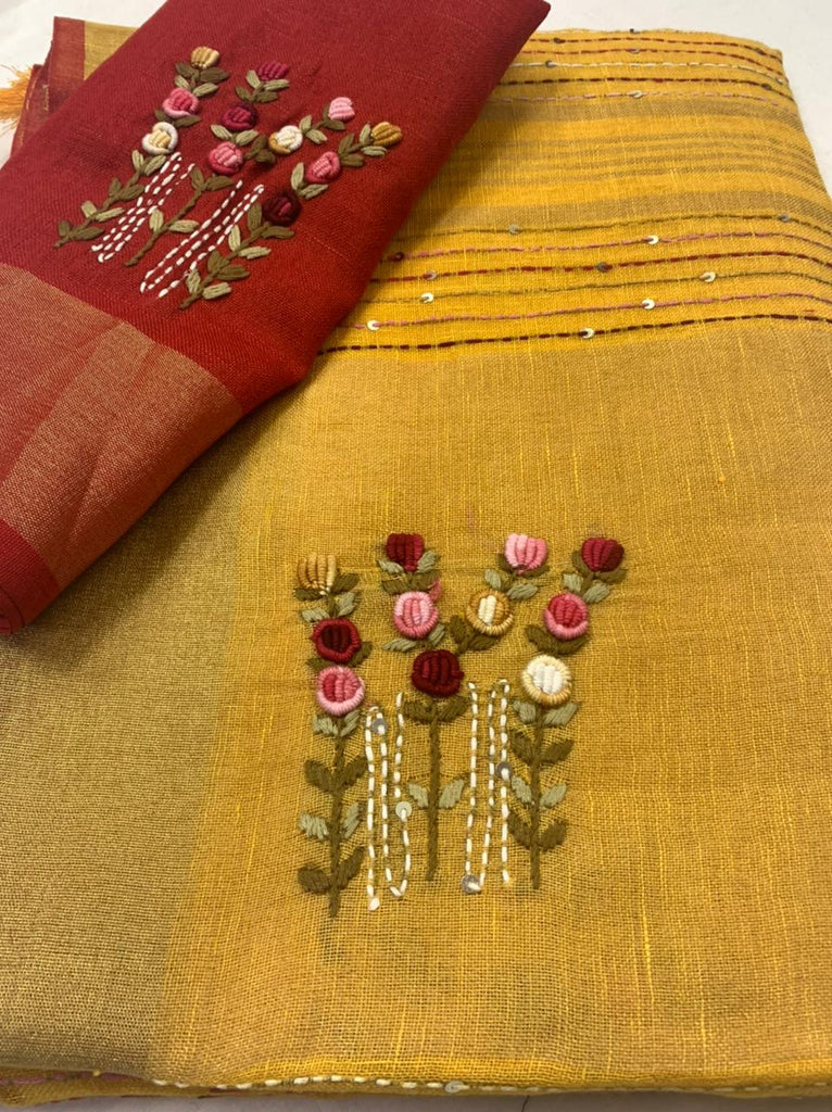 Zynah Pure Linen(120c) Handcrafted Saree with Hand Embroidery; Custom Stitched/Ready-made Blouse, Fall, Petticoat; Shipping available USA, Worldwide
