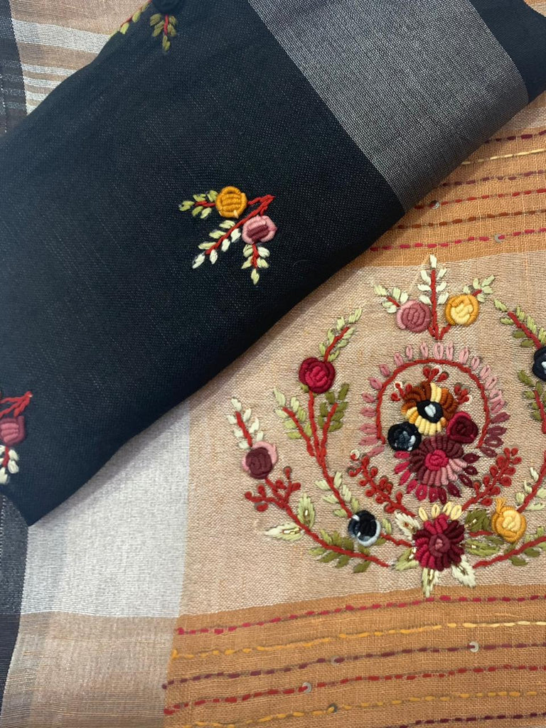 Zynah Pure Linen(120c) Handcrafted Saree with Hand Embroidery; Custom Stitched/Ready-made Blouse, Fall, Petticoat; Shipping available USA, Worldwide