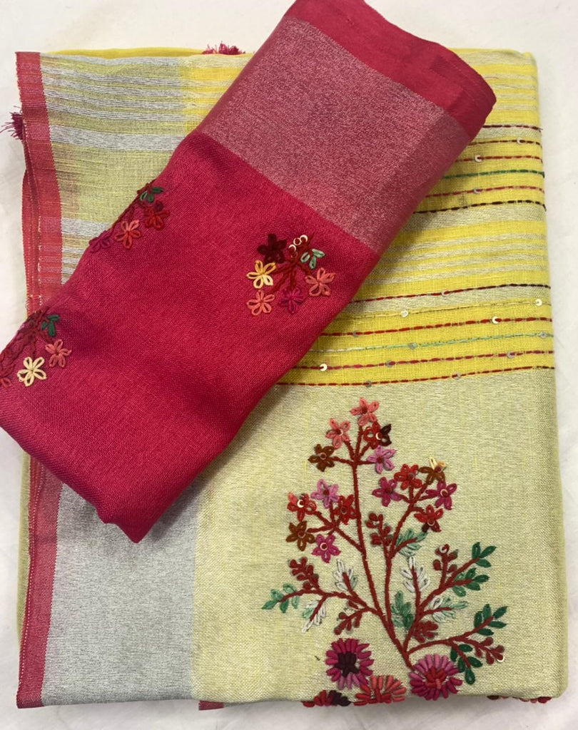 Zynah Pure Linen(120c) Handcrafted Saree with Hand Embroidery; Custom Stitched/Ready-made Blouse, Fall, Petticoat; Shipping available USA, Worldwide