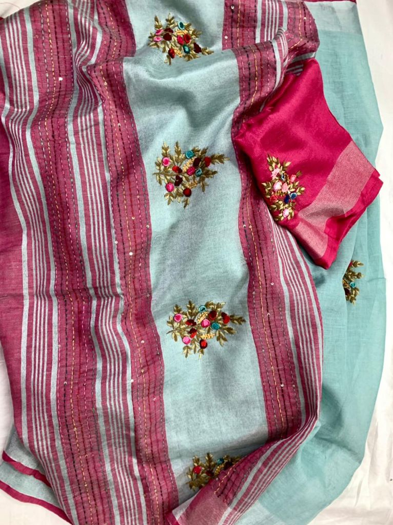 Zynah Pure Linen(120c) Handcrafted Saree with Hand Embroidery; Custom Stitched/Ready-made Blouse, Fall, Petticoat; Shipping available USA, Worldwide