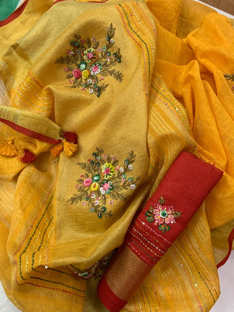 Zynah Pure Linen(120c) Handcrafted Saree with Hand Embroidery; Custom Stitched/Ready-made Blouse, Fall, Petticoat; Shipping available USA, Worldwide