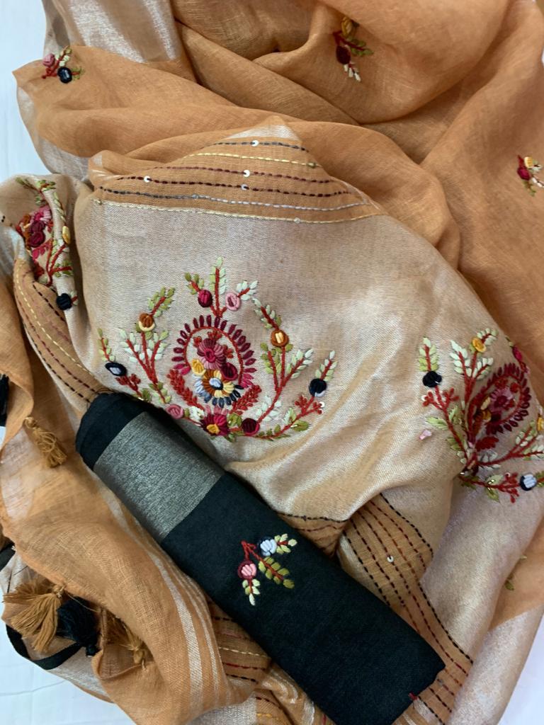 Zynah Pure Linen(120c) Handcrafted Saree with Hand Embroidery; Custom Stitched/Ready-made Blouse, Fall, Petticoat; Shipping available USA, Worldwide