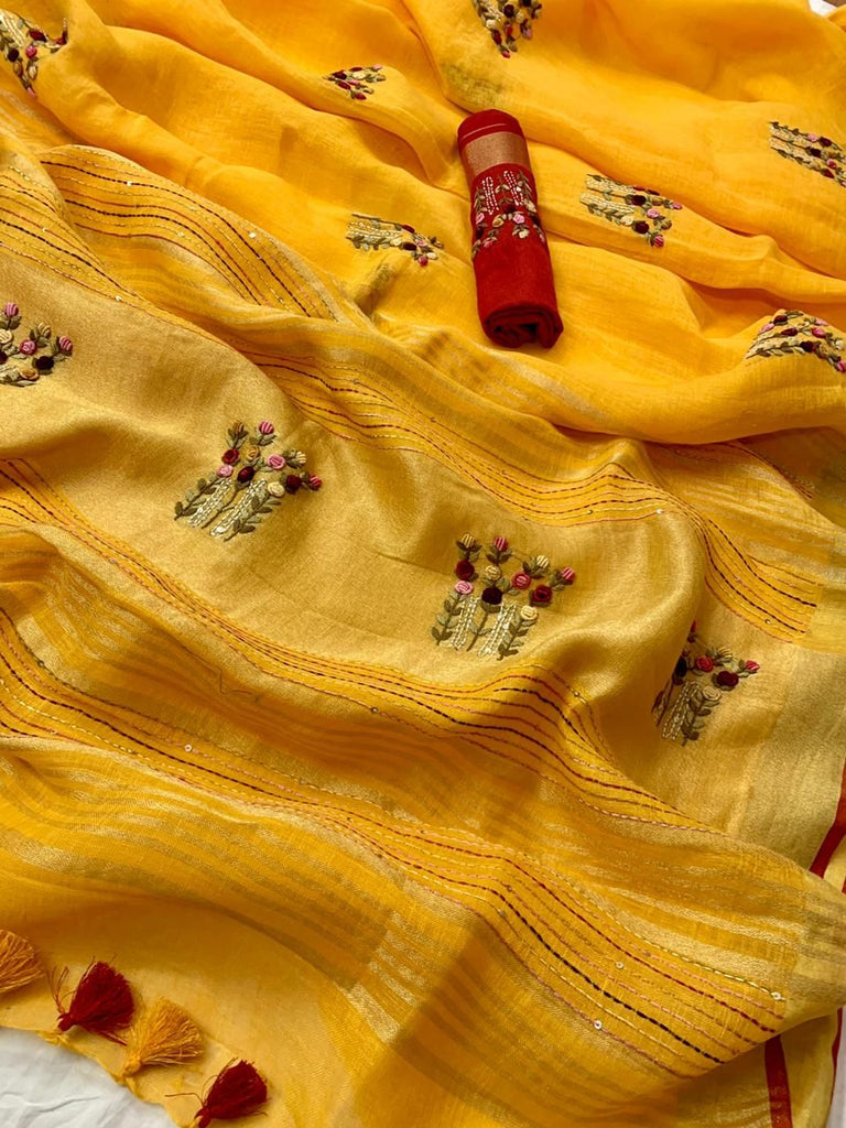 Zynah Pure Linen(120c) Handcrafted Saree with Hand Embroidery; Custom Stitched/Ready-made Blouse, Fall, Petticoat; Shipping available USA, Worldwide