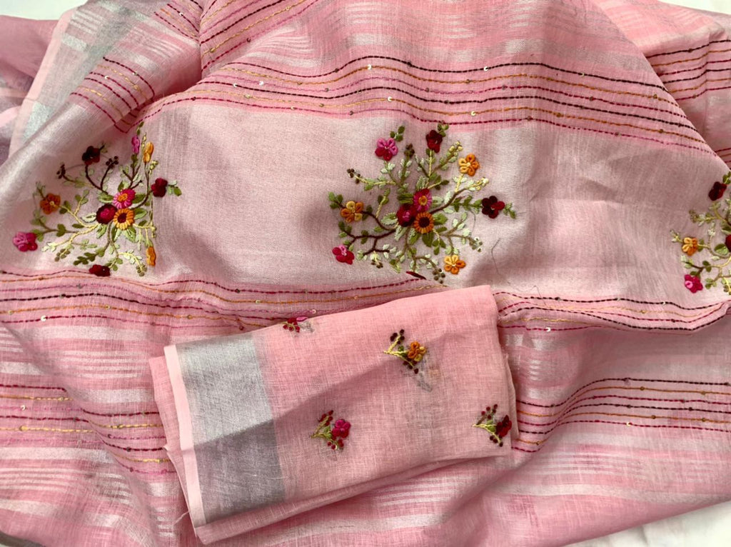 Zynah Pure Linen(120c) Handcrafted Saree with Hand Embroidery; Custom Stitched/Ready-made Blouse, Fall, Petticoat; Shipping available USA, Worldwide