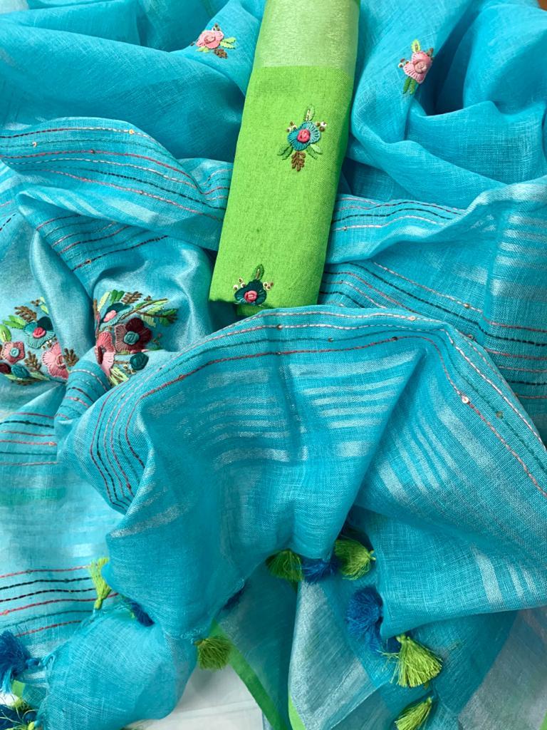 Zynah Pure Linen(120c) Handcrafted Saree with Hand Embroidery; Custom Stitched/Ready-made Blouse, Fall, Petticoat; Shipping available USA, Worldwide