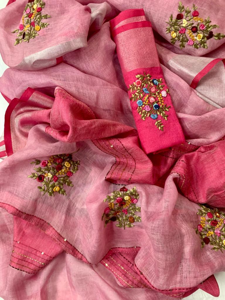 Zynah Pure Linen(120c) Handcrafted Saree with Hand Embroidery; Custom Stitched/Ready-made Blouse, Fall, Petticoat; Shipping available USA, Worldwide