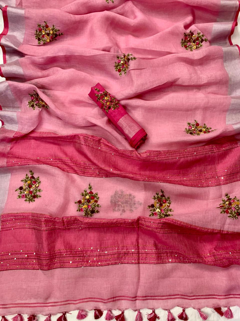 Zynah Pure Linen(120c) Handcrafted Saree with Hand Embroidery; Custom Stitched/Ready-made Blouse, Fall, Petticoat; Shipping available USA, Worldwide