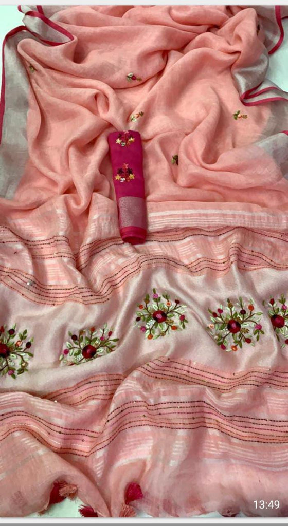 Zynah Pure Linen(120c) Handcrafted Saree with Hand Embroidery; Custom Stitched/Ready-made Blouse, Fall, Petticoat; Shipping available USA, Worldwide