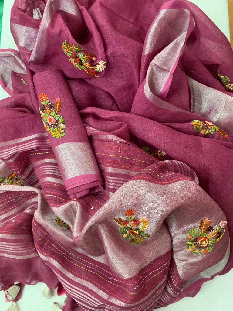 Zynah Pure Linen(120c) Handcrafted Saree with Hand Embroidery; Custom Stitched/Ready-made Blouse, Fall, Petticoat; Shipping available USA, Worldwide
