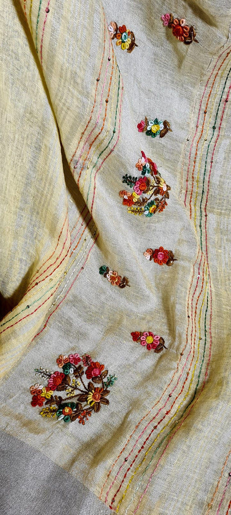 Zynah Pure Linen(120c) Handcrafted Saree with French Knot Hand Embroidery; Custom Stitched/Ready-made Blouse, Fall, Petticoat; Shipping available USA, Worldwide