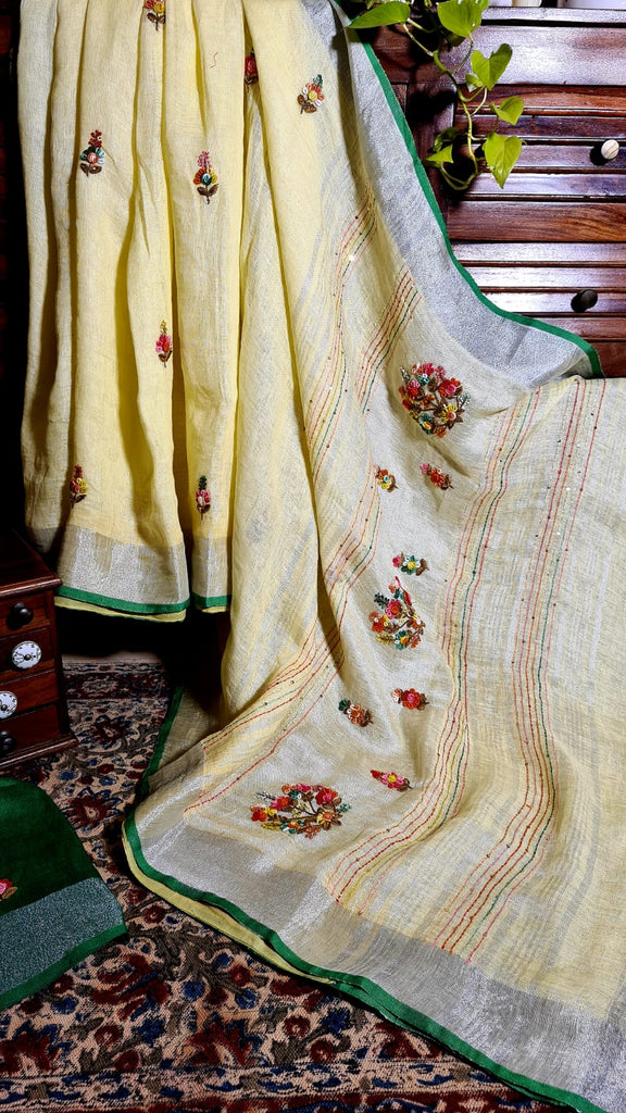 Zynah Pure Linen(120c) Handcrafted Saree with French Knot Hand Embroidery; Custom Stitched/Ready-made Blouse, Fall, Petticoat; Shipping available USA, Worldwide