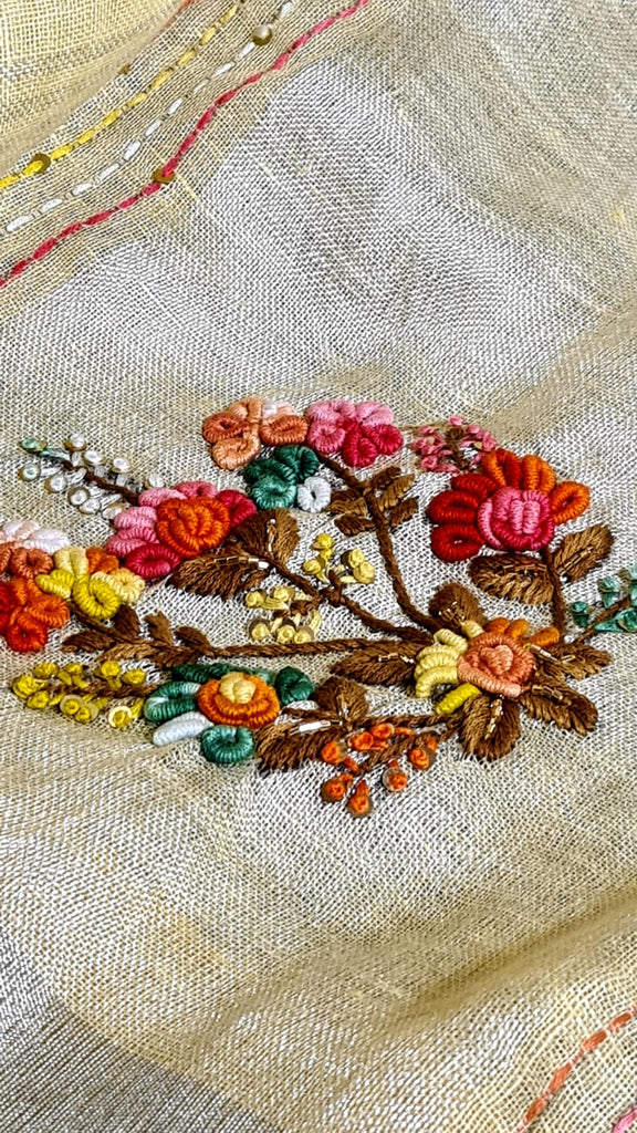 Zynah Pure Linen(120c) Handcrafted Saree with French Knot Hand Embroidery; Custom Stitched/Ready-made Blouse, Fall, Petticoat; Shipping available USA, Worldwide