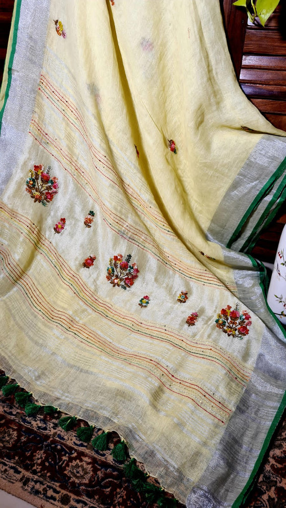 Zynah Pure Linen(120c) Handcrafted Saree with French Knot Hand Embroidery; Custom Stitched/Ready-made Blouse, Fall, Petticoat; Shipping available USA, Worldwide