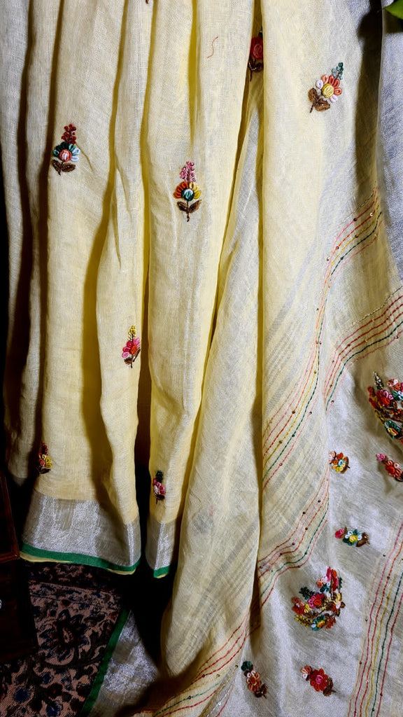 Zynah Pure Linen(120c) Handcrafted Saree with French Knot Hand Embroidery; Custom Stitched/Ready-made Blouse, Fall, Petticoat; Shipping available USA, Worldwide