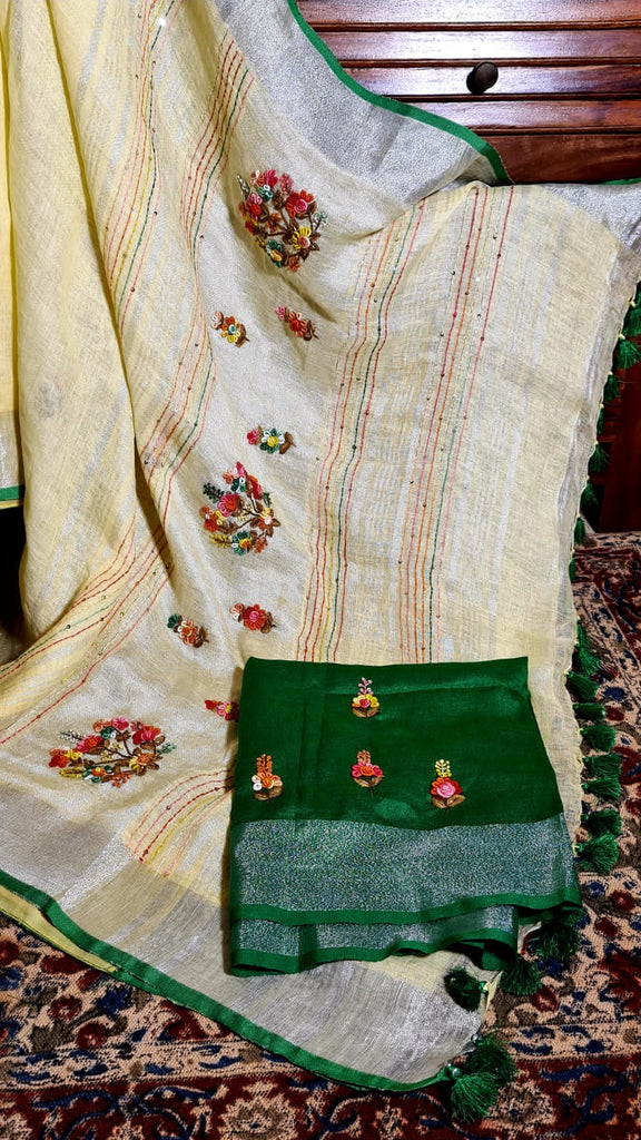 Zynah Pure Linen(120c) Handcrafted Saree with French Knot Hand Embroidery; Custom Stitched/Ready-made Blouse, Fall, Petticoat; Shipping available USA, Worldwide