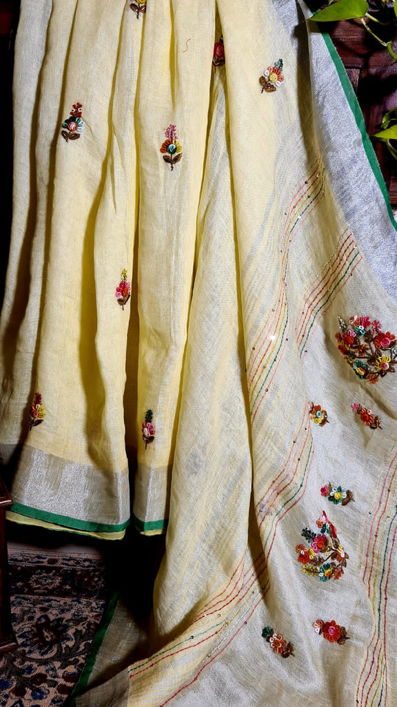 Zynah Pure Linen(120c) Handcrafted Saree with French Knot Hand Embroidery; Custom Stitched/Ready-made Blouse, Fall, Petticoat; Shipping available USA, Worldwide