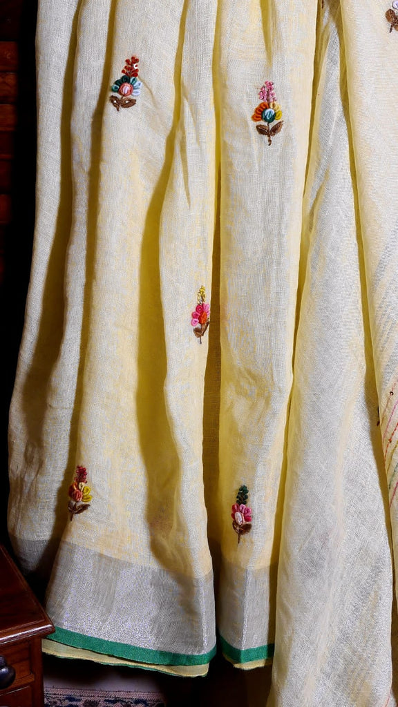 Zynah Pure Linen(120c) Handcrafted Saree with French Knot Hand Embroidery; Custom Stitched/Ready-made Blouse, Fall, Petticoat; Shipping available USA, Worldwide