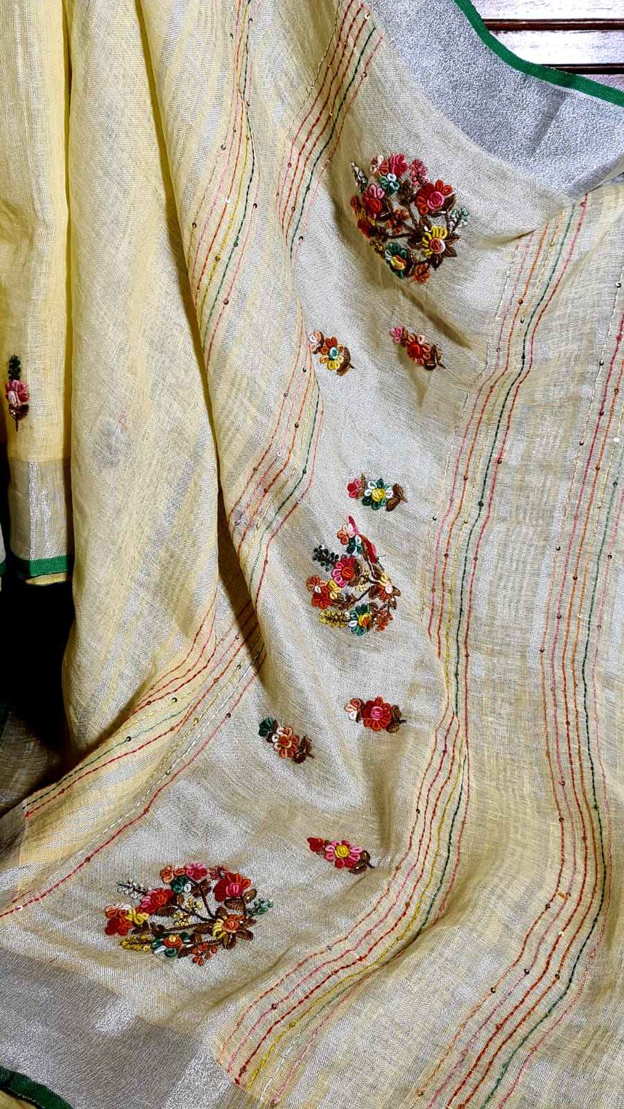 Zynah Pure Linen(120c) Handcrafted Saree with French Knot Hand Embroidery; Custom Stitched/Ready-made Blouse, Fall, Petticoat; Shipping available USA, Worldwide