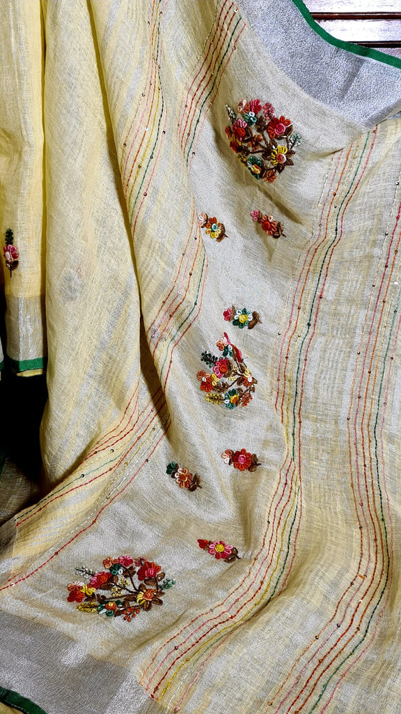 Zynah Pure Linen(120c) Handcrafted Saree with French Knot Hand Embroidery; Custom Stitched/Ready-made Blouse, Fall, Petticoat; Shipping available USA, Worldwide