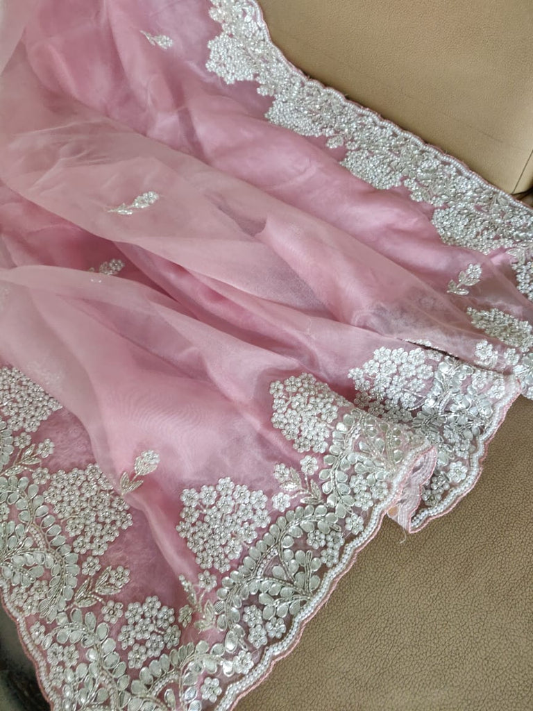 Zynah Organza Silk Saree with Cut-dana Work, Pearls, Beads, Gotapatti Work; Custom Stitched/Ready-made Blouse, Fall, Petticoat; Shipping available USA, Worldwide