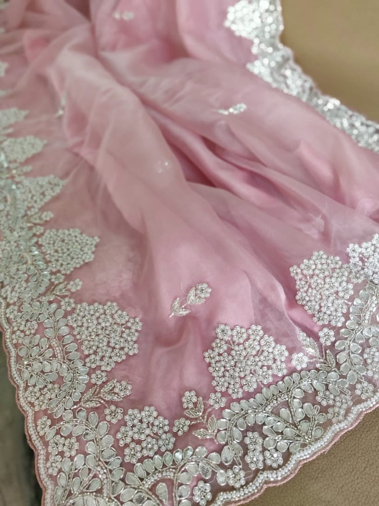 Zynah Organza Silk Saree with Cut-dana Work, Pearls, Beads, Gotapatti Work; Custom Stitched/Ready-made Blouse, Fall, Petticoat; Shipping available USA, Worldwide
