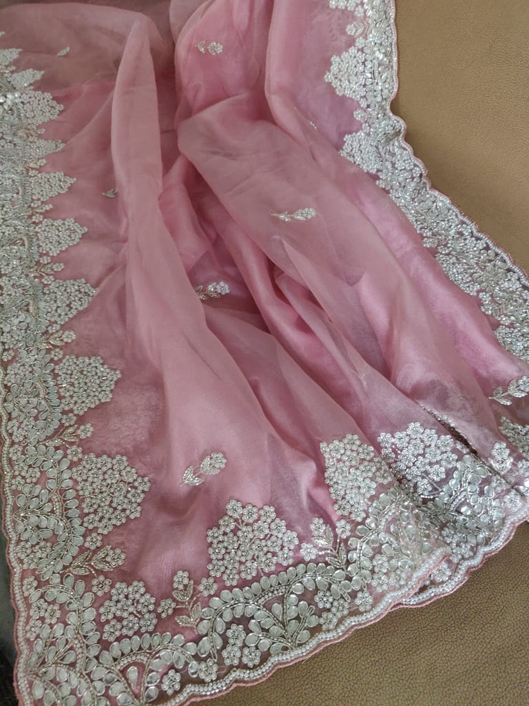 Zynah Organza Silk Saree with Cut-dana Work, Pearls, Beads, Gotapatti Work; Custom Stitched/Ready-made Blouse, Fall, Petticoat; Shipping available USA, Worldwide