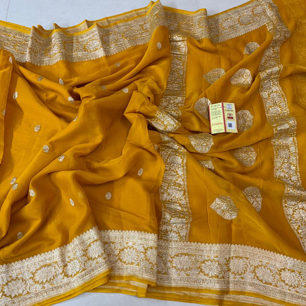 Zynah Pure Khaddi Georgette Saree with Zari Weave & Silk-mark Certificate; Custom Stitched/Ready-made Blouse, Fall, Petticoat; Shipping available USA, Worldwide