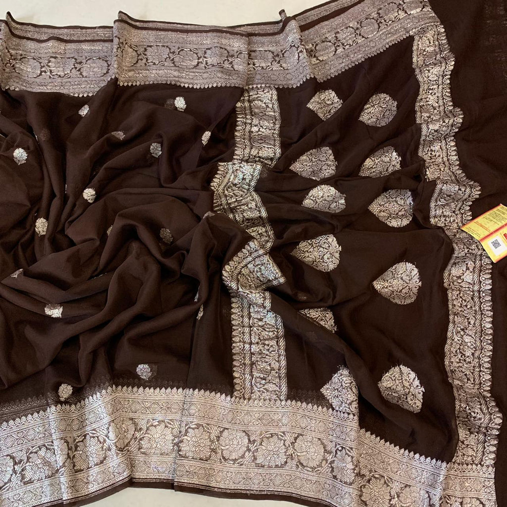 Zynah Pure Khaddi Georgette Saree with Zari Weave & Silk-mark Certificate; Custom Stitched/Ready-made Blouse, Fall, Petticoat; Shipping available USA, Worldwide