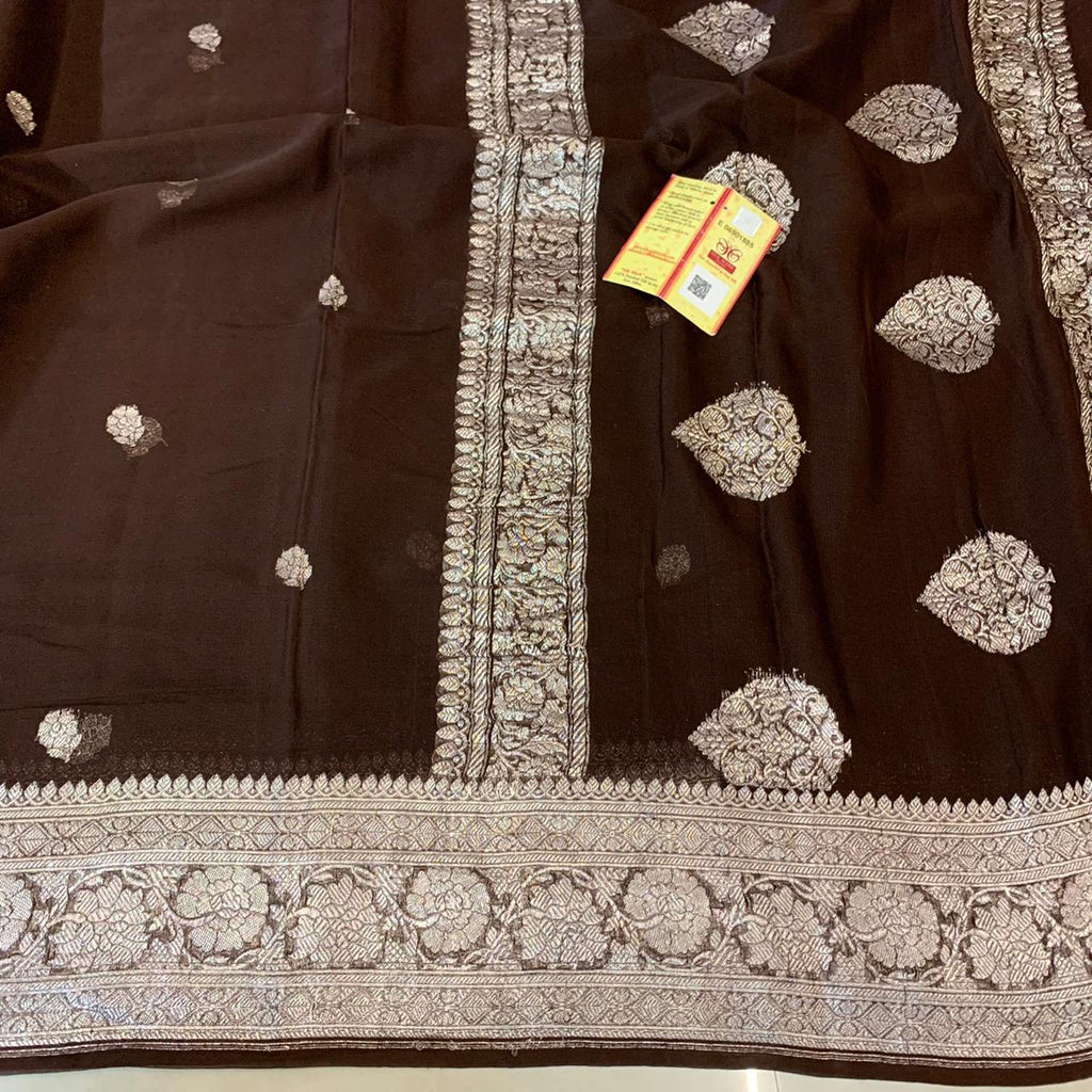 Zynah Pure Khaddi Georgette Saree with Zari Weave & Silk-mark Certificate; Custom Stitched/Ready-made Blouse, Fall, Petticoat; Shipping available USA, Worldwide