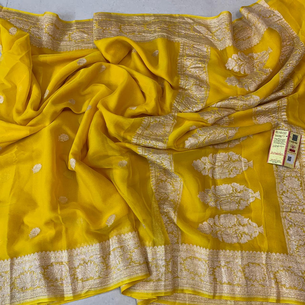 Zynah Pure Khaddi Georgette Saree with Zari Weave & Silk-mark Certificate; Custom Stitched/Ready-made Blouse, Fall, Petticoat; Shipping available USA, Worldwide