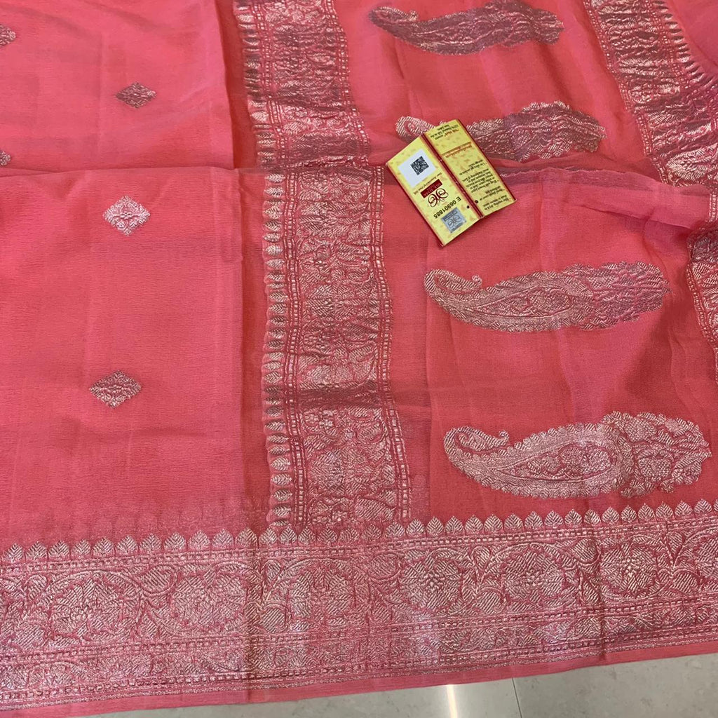 Zynah Pure Khaddi Georgette Saree with Zari Weave & Silk-mark Certificate; Custom Stitched/Ready-made Blouse, Fall, Petticoat; Shipping available USA, Worldwide