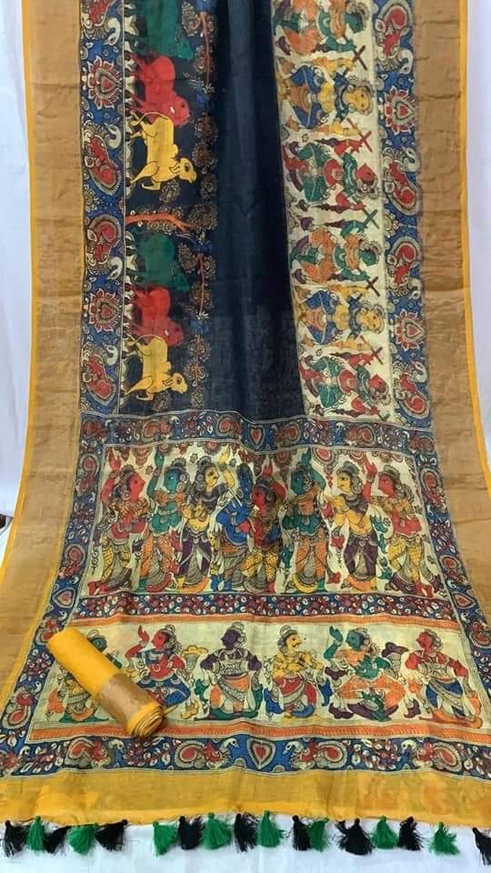 Zynah Organic Pure Linen by Linen(120c) Kalamkari Saree with Digital Prints; Custom Stitched/Ready-made Blouse, Fall, Petticoat; Shipping available USA, Worldwide