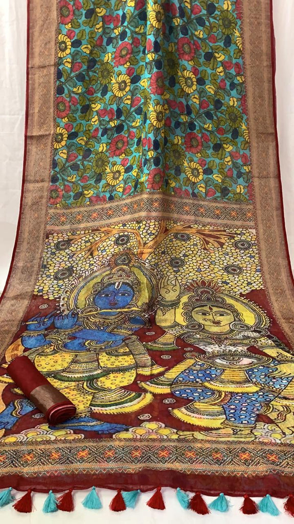 Zynah Organic Pure Linen by Linen(120c) Kalamkari Saree with Digital Prints; Custom Stitched/Ready-made Blouse, Fall, Petticoat; Shipping available USA, Worldwide