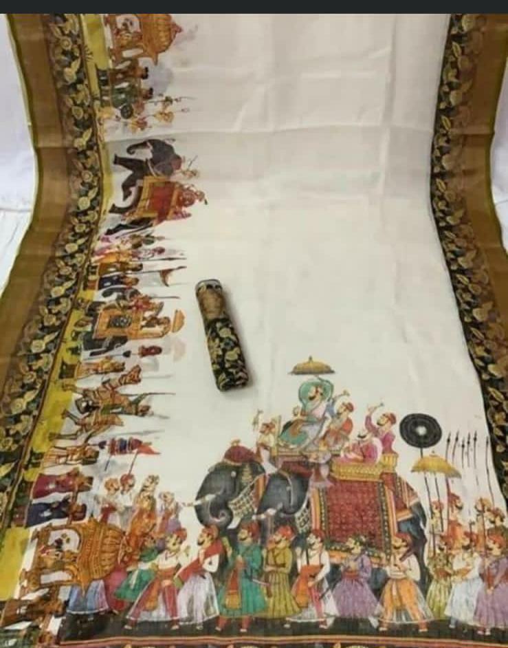 Zynah Organic Pure Linen by Linen(120c) Kalamkari Saree with Digital Prints; Custom Stitched/Ready-made Blouse, Fall, Petticoat; Shipping available USA, Worldwide