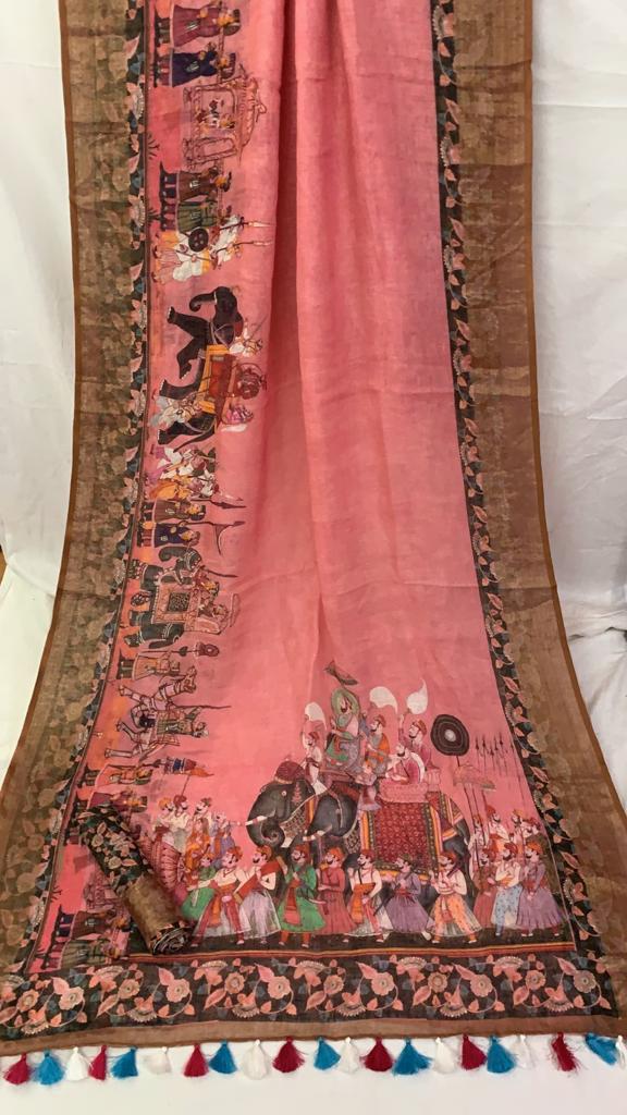Zynah Organic Pure Linen by Linen(120c) Kalamkari Saree with Digital Prints; Custom Stitched/Ready-made Blouse, Fall, Petticoat; Shipping available USA, Worldwide