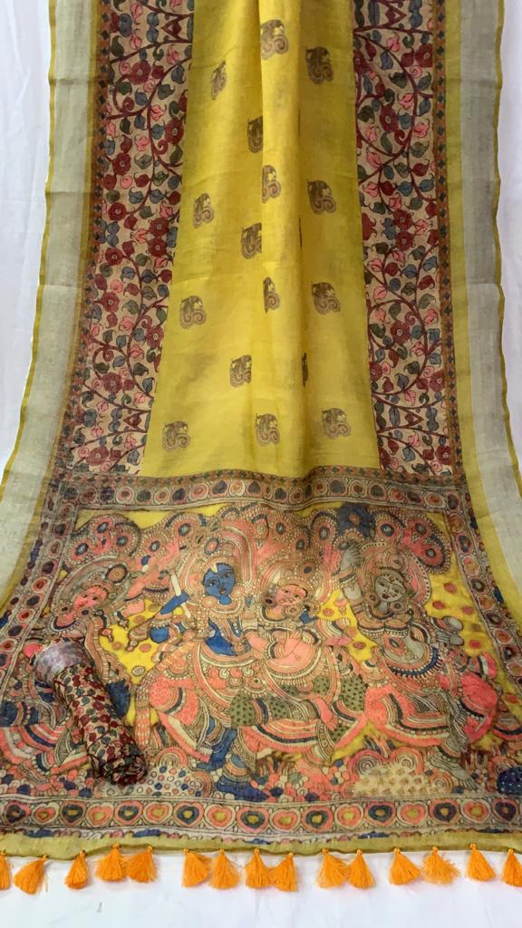 Zynah Organic Pure Linen by Linen(120c) Saree with Digital Kalamkari Prints; Custom Stitched/Ready-made Blouse, Fall, Petticoat; Shipping available USA, Worldwide