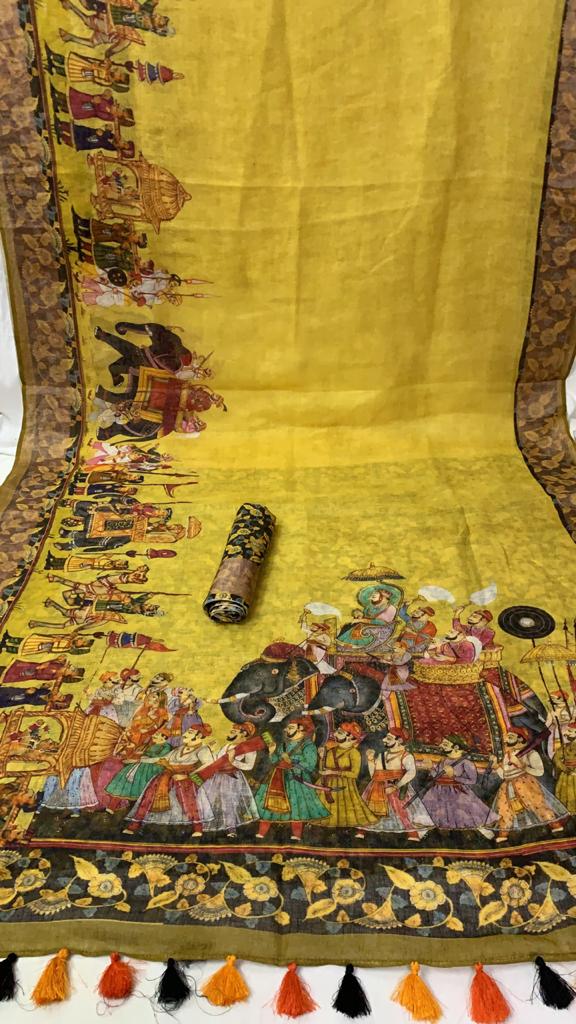 Zynah Organic Pure Linen by Linen(120c) Kalamkari Saree with Digital Prints; Custom Stitched/Ready-made Blouse, Fall, Petticoat; Shipping available USA, Worldwide