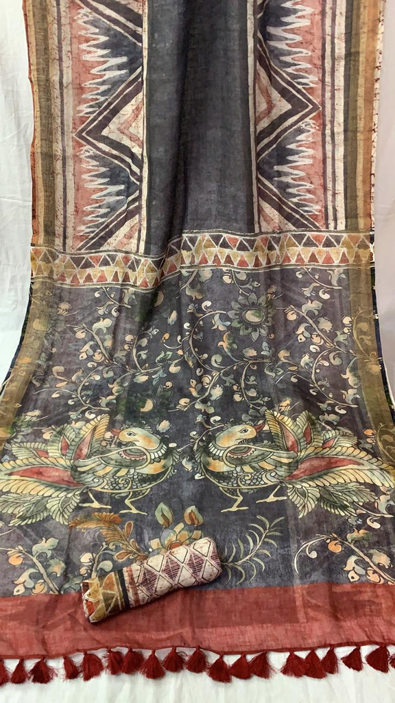 Zynah Organic Pure Linen by Linen(120c) Saree with Digital Kalamkari Prints; Custom Stitched/Ready-made Blouse, Fall, Petticoat; Shipping available USA, Worldwide