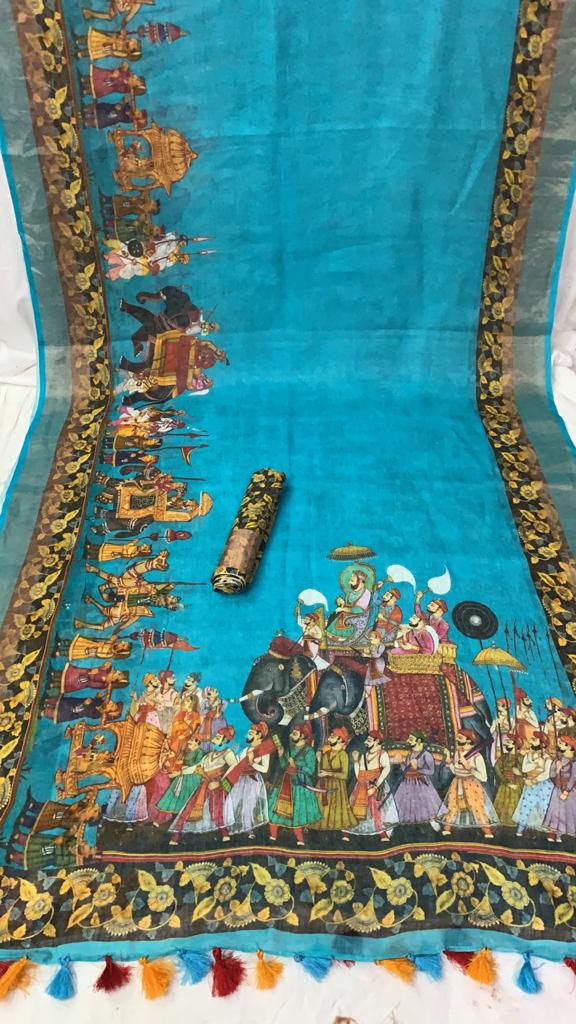 Zynah Organic Pure Linen by Linen(120c) Kalamkari Saree with Digital Prints; Custom Stitched/Ready-made Blouse, Fall, Petticoat; Shipping available USA, Worldwide