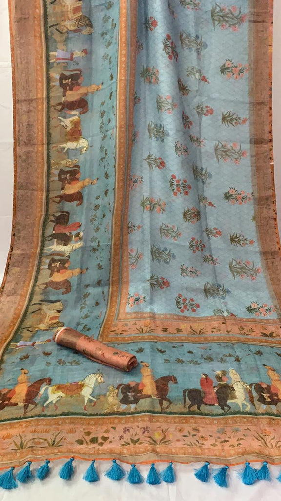 Zynah Organic Pure Linen by Linen(120c) Saree with Digital Kalamkari Prints; Custom Stitched/Ready-made Blouse, Fall, Petticoat; Shipping available USA, Worldwide