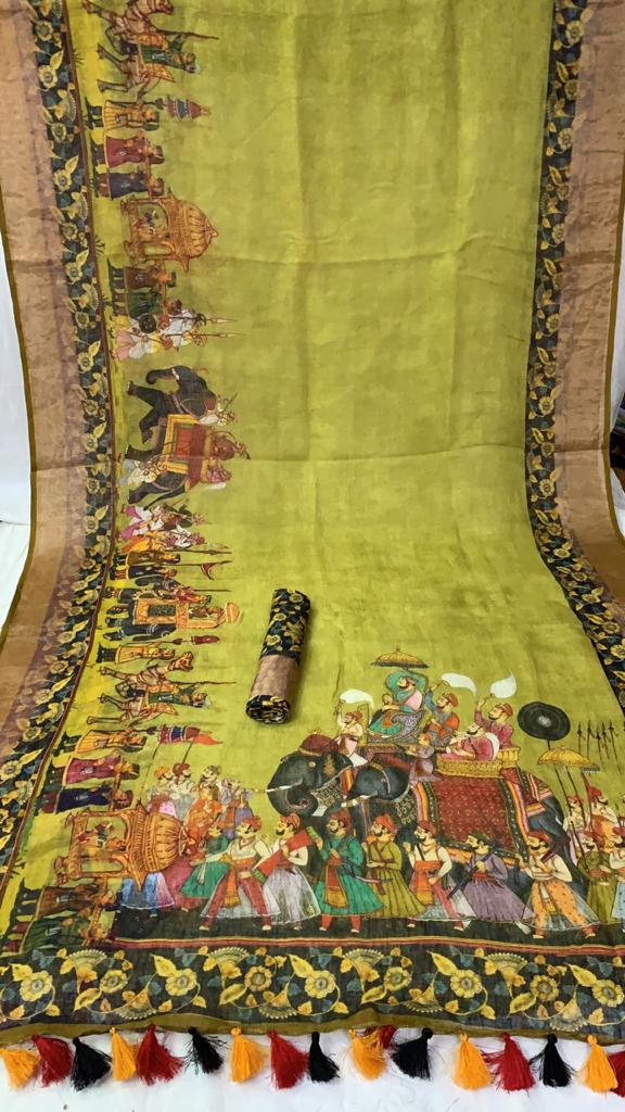Zynah Organic Pure Linen by Linen(120c) Kalamkari Saree with Digital Prints; Custom Stitched/Ready-made Blouse, Fall, Petticoat; Shipping available USA, Worldwide