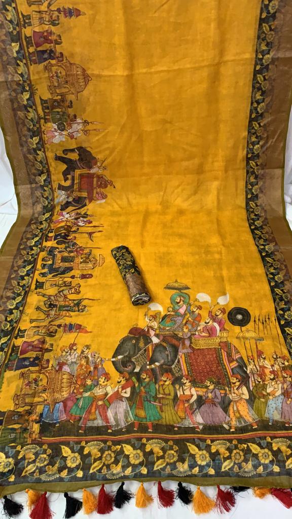 Zynah Organic Pure Linen by Linen(120c) Kalamkari Saree with Digital Prints; Custom Stitched/Ready-made Blouse, Fall, Petticoat; Shipping available USA, Worldwide