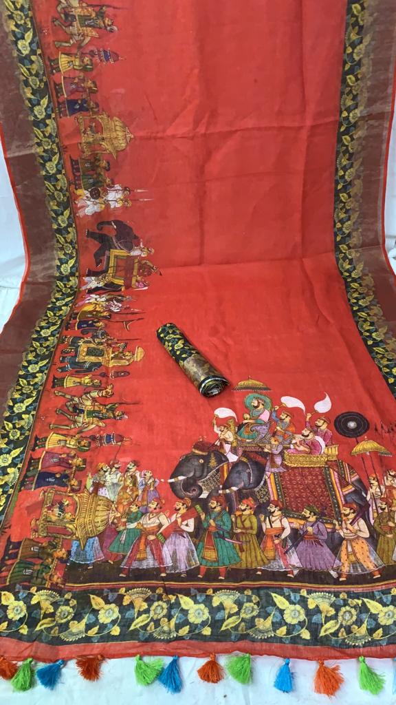 Zynah Organic Pure Linen by Linen(120c) Kalamkari Saree with Digital Prints; Custom Stitched/Ready-made Blouse, Fall, Petticoat; Shipping available USA, Worldwide